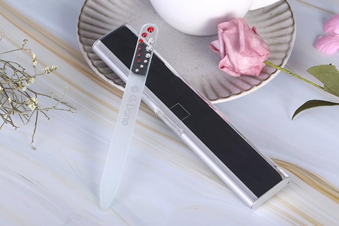 Glass Nail File with Austria Crystals Professional Crystal Fingernail Files in Aluminum Case Perfect Manicure Set for Women Men Kids Nail Care Gift Set (Red Yinyang)