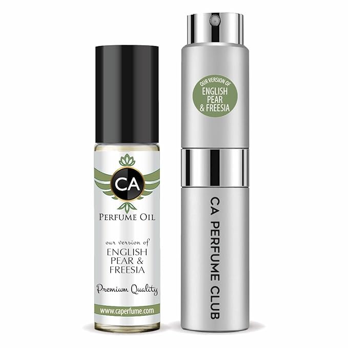 CA Perfume Duo Impression of English Pear & Freesia For Women And Men Perfume Layering Set Long Lasting Travel Size EDP + Body Oil Roll-On Bottle 0.27 Fl Oz+0.33 Fl Oz