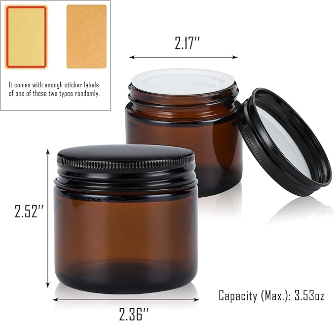 4oz Amber Glass Jars with Lids - 12 Pack Cosmetic Containers for Travel, Lotion, Cream