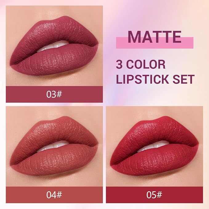 evpct 3Pcs Matte Creamy Lipsticks Set, Maroon Wine Coral Ruby Red Lip Stick Set for Women, Long Lasting Waterproof Velvet Lipsticks Blendable Silky, Longwear Lip Makeup Set 24 hours original labios 02