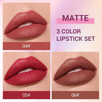 evpct 3Pcs Matte Creamy Lipsticks Set, Coral Ruby Red Nude Brown Lip Stick Set for Women, Long Lasting Waterproof Velvet Lipsticks Blendable Silky, Longwear Lip Makeup Set 24 hours original labios 03