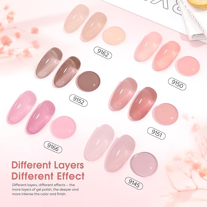 CANNI 6 Colors 9 Ml Sheer Jelly Pink Gel Nail Polish Set- Neutral Transparent Pink Colors Gel Polish Kit, Soak Off LED Nail Gel Manicure Kit DIY at Home Salon Gifts