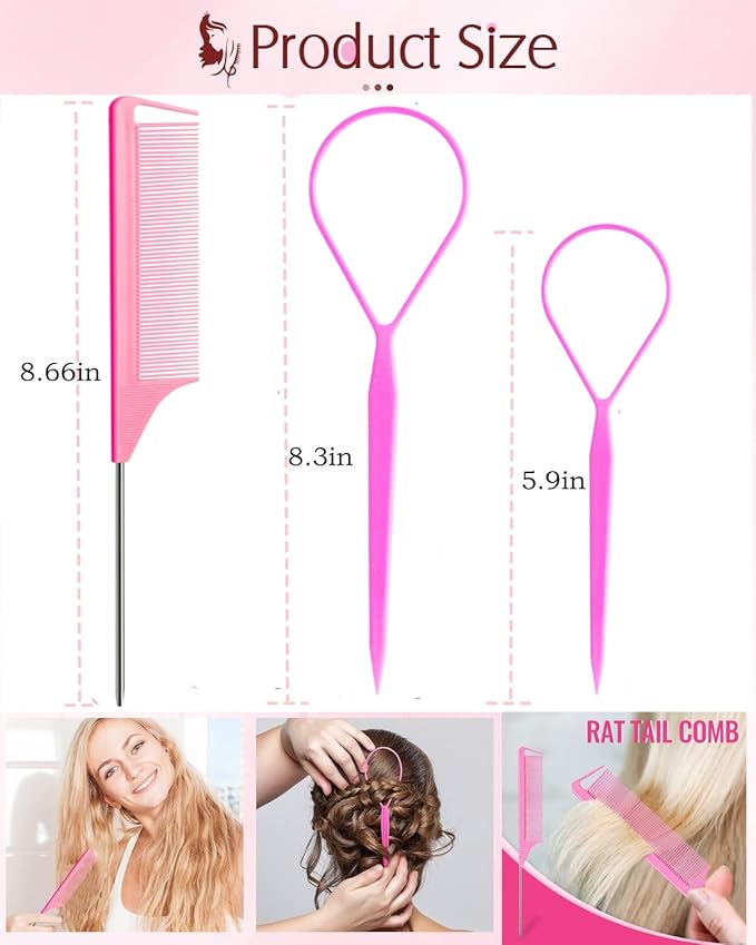 9pcs Topsy Hair Tail Tools & rat tail combs set, 6pcs Ponytail Pull Through Tool 3pcs Long Steel Pin Combs, Turvy Loop Styling Tool for Woman & Girl Hair Styling (Pink,Purple, Blue) Linmxiy