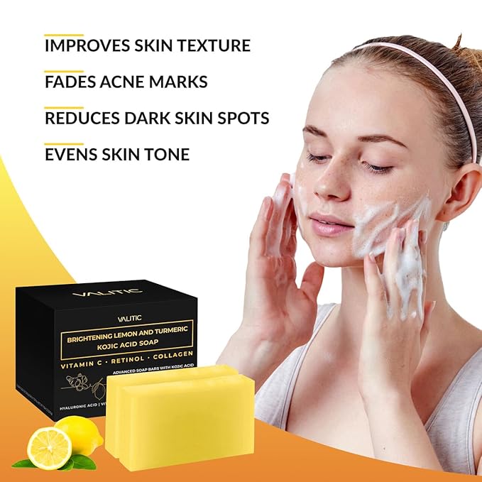 VALITIC Brightening Lemon & Turmeric Kojic Acid Soap with Vitamin C, Retinol, Collagen - Original Japanese Complex Infused with Hyaluronic Acid, Vitamin E, Shea Butter, Castile Olive Oil (2 Pack)