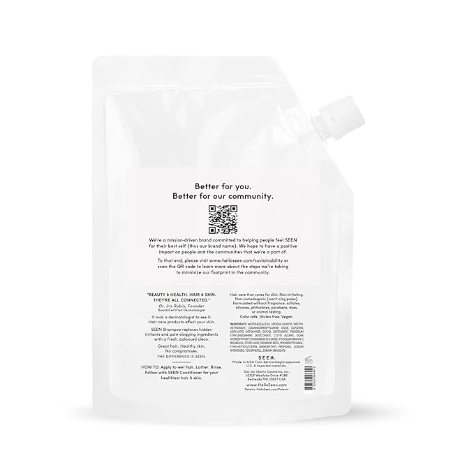 SEEN Shampoo Eco-Refill, Fragrance Free - Non-Comedogenic & Hair Shampoo- Dermatologist-Developed - Safe for Sensitive, Eczema & Acne Prone Skin