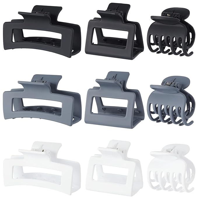 3 Style Claw Hair Clips Set for Women - 9 pcs Medium Rectangle Clips for Thick Hair, Square Clips for Thin Hair - Grey