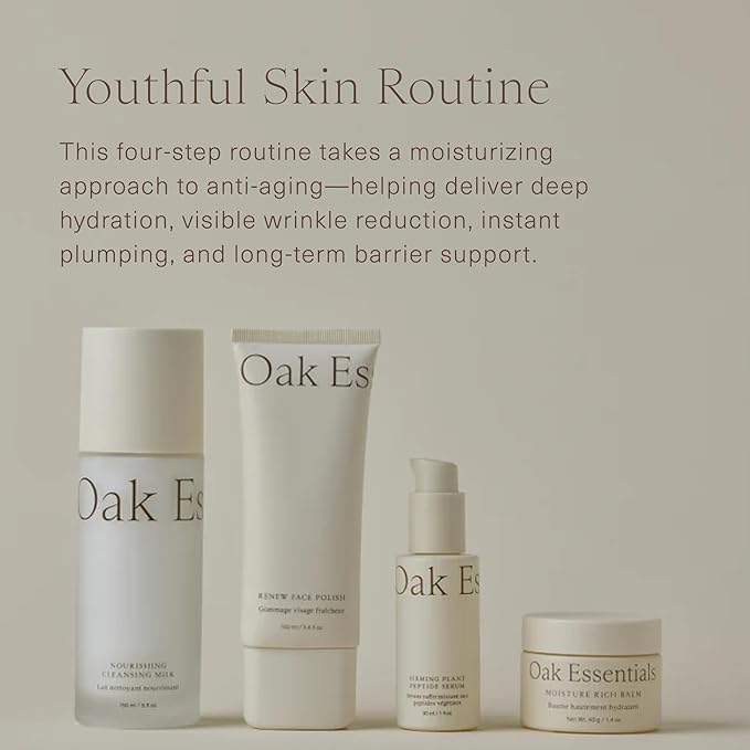 Oak Essentials Youthful Skin Routine Set | 4-Step Skin Renewal Kit with Peptide Serum, Face Polish, Cleansing Milk & Moisture Balm