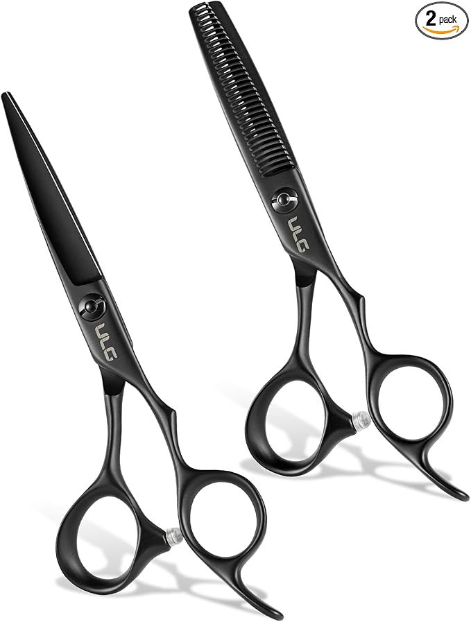 ULG Professional Hairdressing Shears 2 Pack 6.5 Inch Hair Cutting Scissors and Thinning Shears with Ergonomic Handle Lightweight for Salon Use and Home Matte Black