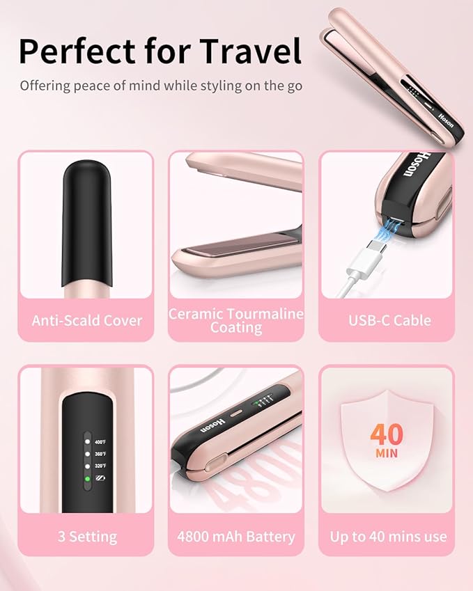 Cordless Flat Iron,Portable Mini Hair Straightener Travel for Bangs,Short Hair, Rechargeable Curling Iron for Touch Ups (Pink)