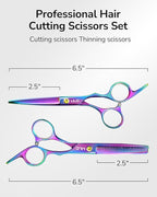ULG Professional Hair Scissors Kit Right-Hand Razor Edge Barber Scissors Salon Hair Cutting Shears Made of Japanese Stainless Steel, Hand Sharpened 6.5 inch Rainbow