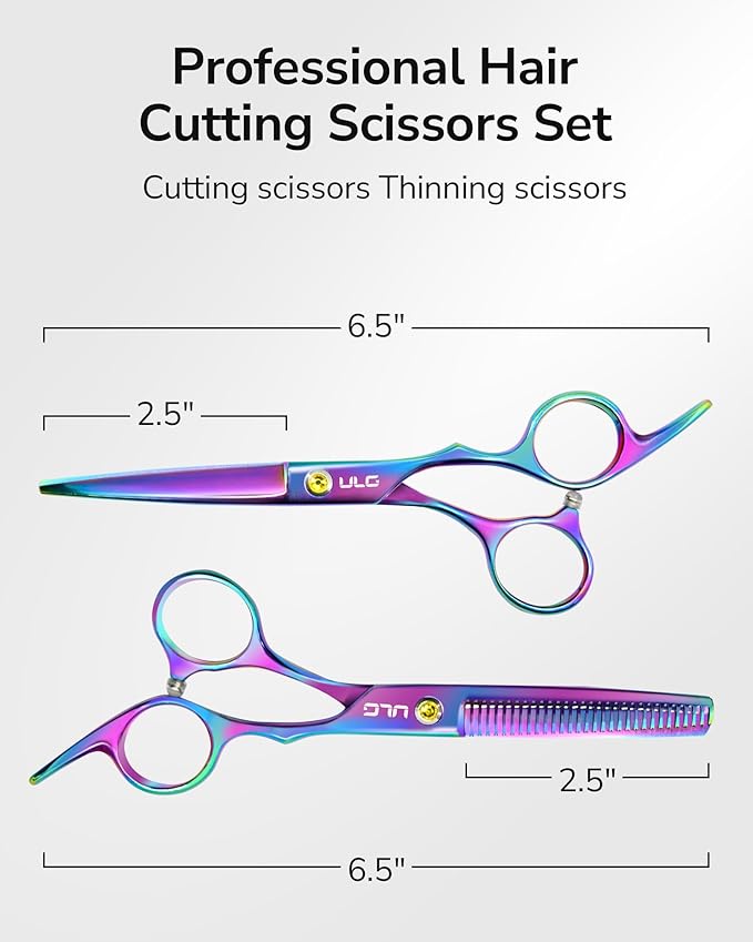 ULG Professional Hair Scissors Kit Right-Hand Razor Edge Barber Scissors Salon Hair Cutting Shears Made of Japanese Stainless Steel, Hand Sharpened 6.5 inch Rainbow