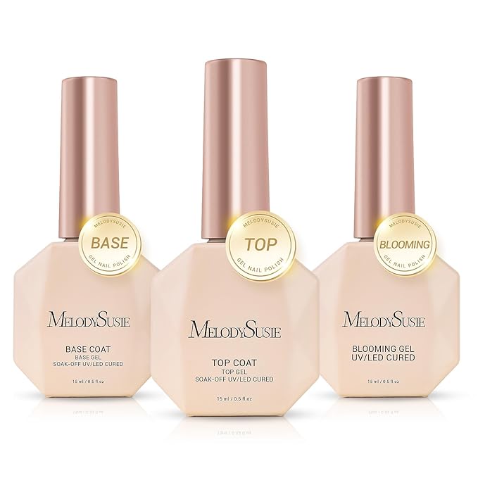 MelodySusie Top Coat Blooming Gel Base Coat No Wipe Glossy Set Long Lasting Shine Finish Soak Off UV LED Nail Lamp Nail Art Design Manicure Kit Perfect Gifts for Women Girls 3 Pcs 15ml Clear