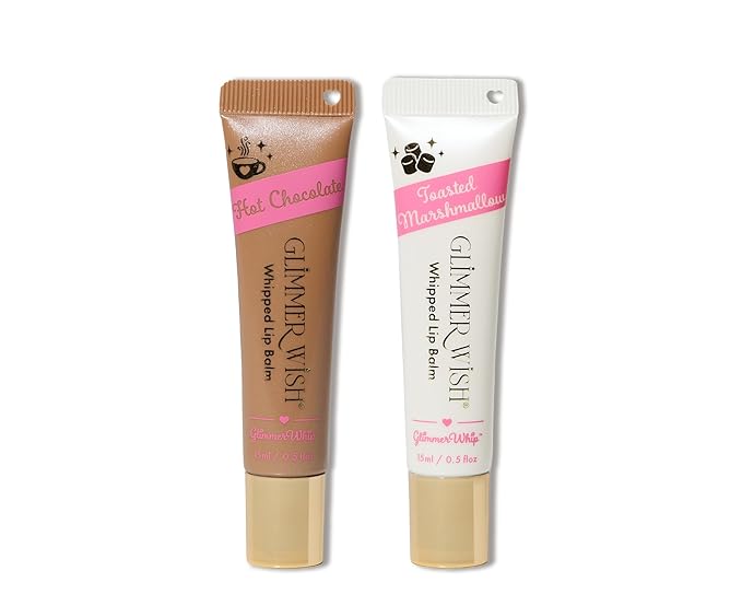 Glimmer Whips Whipped Lip Balm – Hot Chocolate & Toasted Marshmallow, Organic Butters & Oils, Heart-Shaped Applicator, 100% Sugar Cane Tube, Vegan, Cruelty-Free
