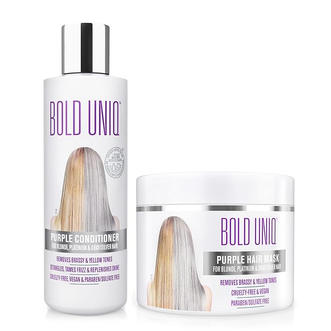 BOLD UNIQ Purple Hair Mask & Purple Conditioner Bundle - For Blonde, Platinum, Bleached, Silver, Gray, Ash - Remove Yellow Tones, Reduce Brassiness & Condition Dry, Damaged Hair. Cruelty-free & Vegan.