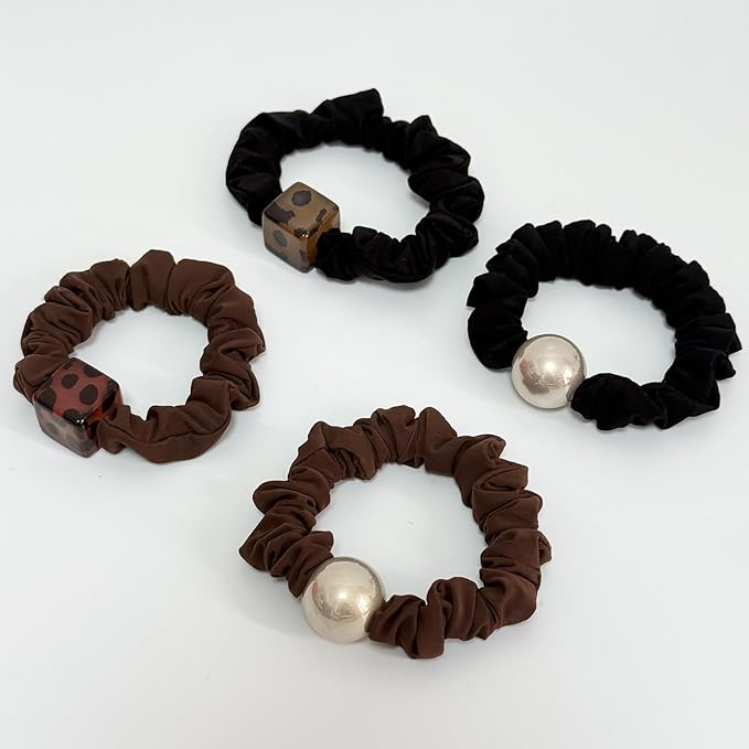 Silk Scrunchies Hair Ties 4Packs – Super Soft Thin Hair Scrunchies, Gentle on Hair, Faux Pearl Decorated Hair Accessories for Women