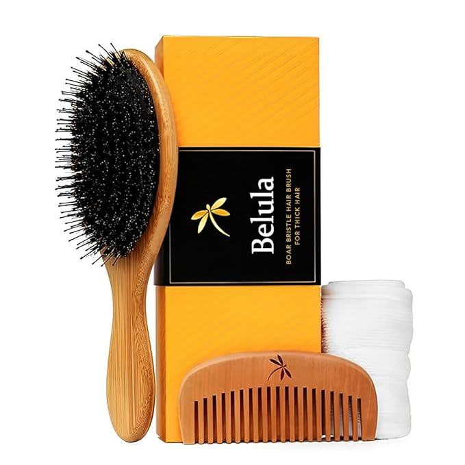 Premium Boar Bristle Hair Brush for Thick Hair Set. Hairbrush for Women With Thick, Long or Curly Hair. Restores Hair's Shine and Health. Comb, Travel Bag & Spa Headband Included