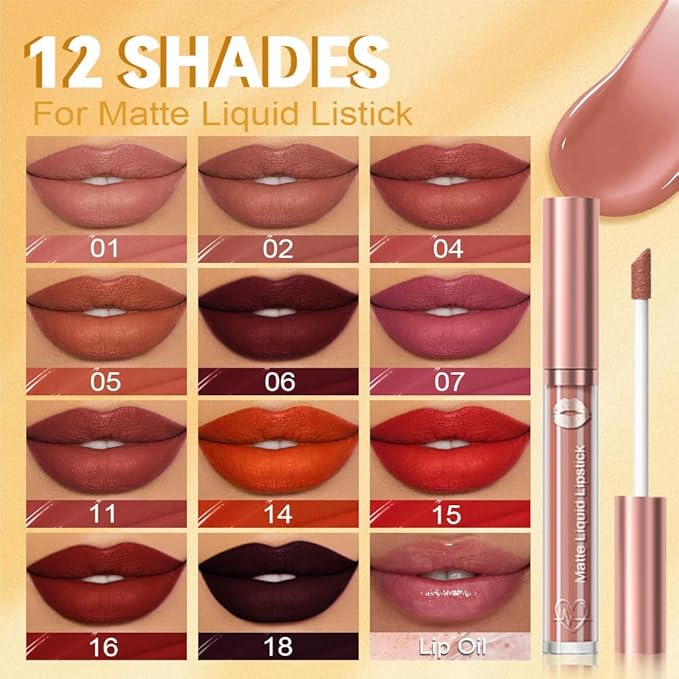 evpct 12Pcs Matte Liquid Lipsticks Set with Moisturize Lip Oil, Maroon Plum Mauve Orange Wine Deep Red Lipstick Long Lasting Waterproof, Non-stick Cup Lip Gloss Kit Pigmented 24 Hours Makeup for Women