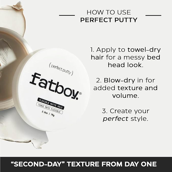 Fatboy Hair Perfect Putty, Styling Kaolin Clay Putty, Medium Hold for Volume & Texture, Matte Finish, Hair Care for All Hair Types, Flexible Lightweight Formula, Paraben Free, Color Safe, 2.6 Oz