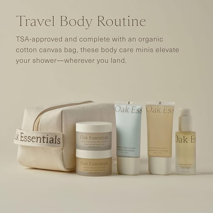 Oak Essentials Travel Body Routine | TSA-Friendly Mini Body Care Set with Wash, Scrub, Lotion, Oil, & Balm + Linen Travel Bag