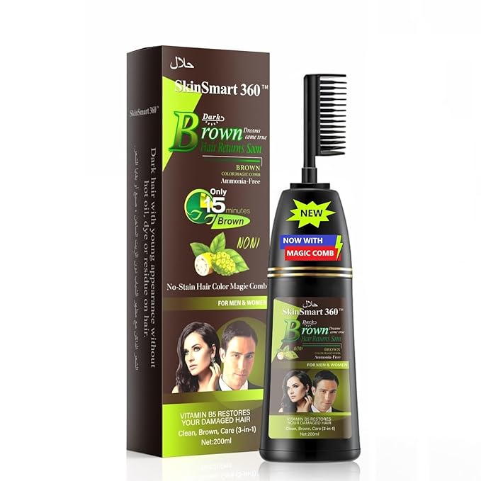 SkinSmart 360® No-Stain Hair Dye Shampoo – Full Gray Coverage for Men & Women, 3-in-1 Color + Cleanse + Condition, Natural Ingredients, Easy No-Mix Formula, 200 mL (Dark Brown + Magic Comb)