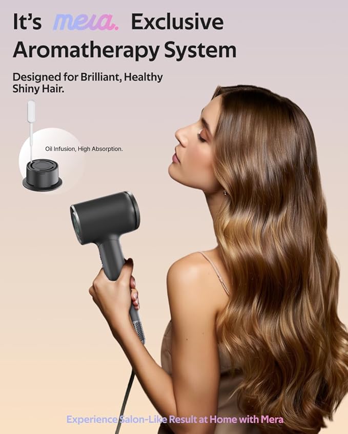 Professional Bi-Ionic Aromatic Hair Dryer- mera PRO -Fast Drying Salon Results Blowdryer w/Magnetic Diffuser & Aromatherapy Nozzle, One Button Safe Mode, cUL Certified, Lightweight for Travel