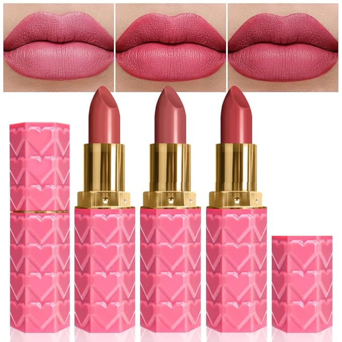 evpct 3Pcs Nude Pink Beige Rose Mauve Matte Lipstick Pack Sets for Women Silky Velvet Lipstick Matte Long Lasting Smudge Proof Lipstick Lip Stain Makeup Set Kit matte lipstick 24 hours original 03