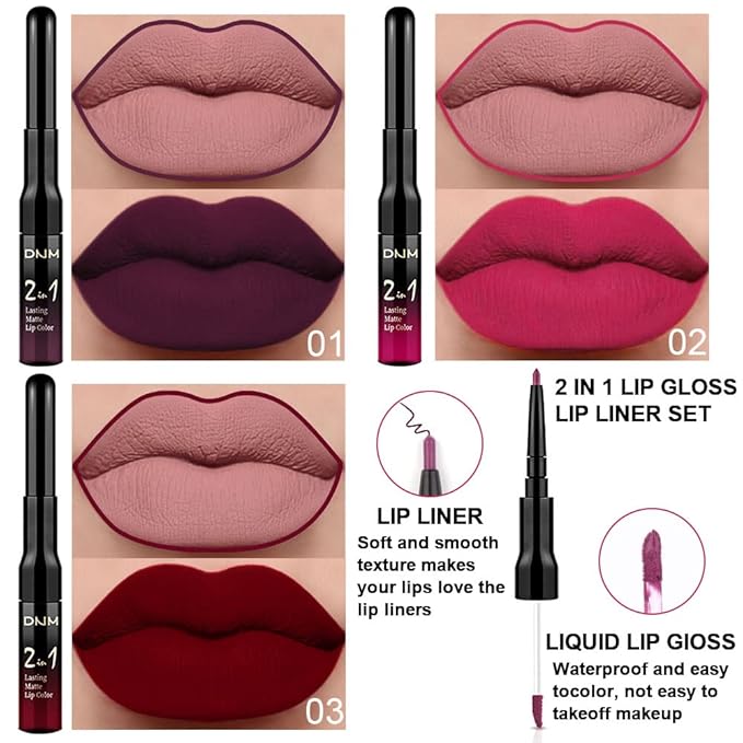 evpct 3Pcs Dark Plum Purple Rose Dark red Matte Lip Liner Pencil and Liquid Lipstick Sets for Women Long Lasting Waterproof, 24 Hour Lipstick Lip Stick/Gloss Set labiales mate 24 horas originales, 01