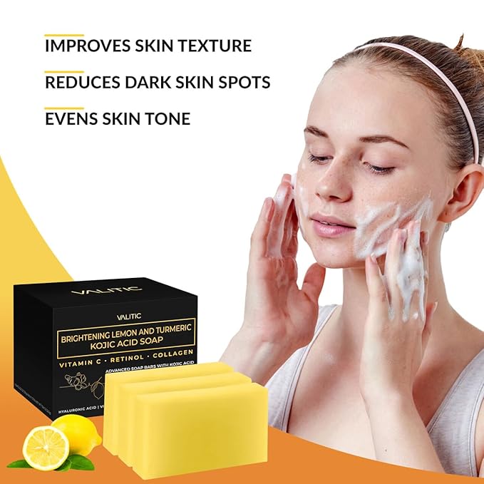 VALITIC Brightening Lemon & Turmeric Kojic Acid Soap with Vitamin C, Retinol, Collagen - Original Japanese Complex Infused with Hyaluronic Acid, Vitamin E, Shea Butter, Castile Olive Oil (3 Pack)