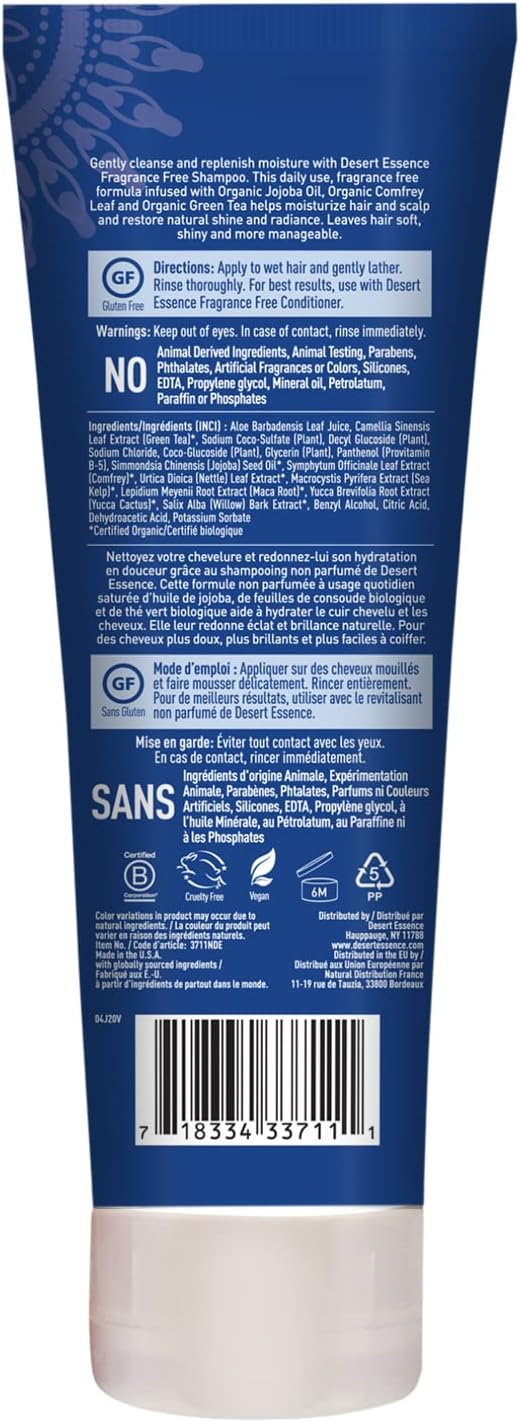Desert Essence Fragrance Free Shampoo – 8 fl oz – Unscented Gentle Cleanser with Jojoba Oil, Green Tea & Comfrey – Softens & Strengthens Hair, Adds Shine – For Sensitive Scalps