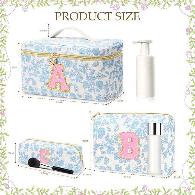 3 PCS Travel Makeup Bag Set, A–Z Initials Cotton Quilted Cosmetic Bag for Women & Preppy, Personalized Toiletry Bag Travel Accessories Makeup Brushes Organizer, Valentine’s Day & Birthday Gift for Her