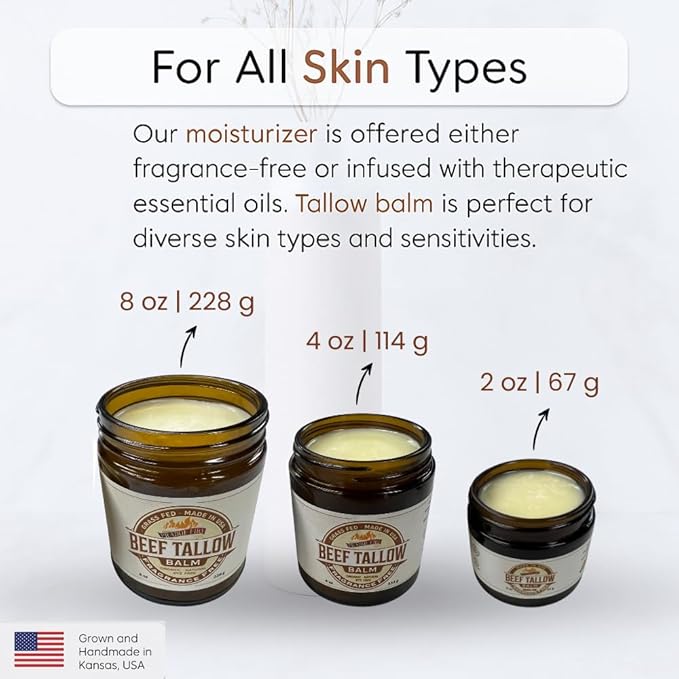 Grass Fed Beef Tallow Balm - 8 oz - Made in USA - Organic Grass Fed and Finished - Moisturizing Skin Care Tea Tree