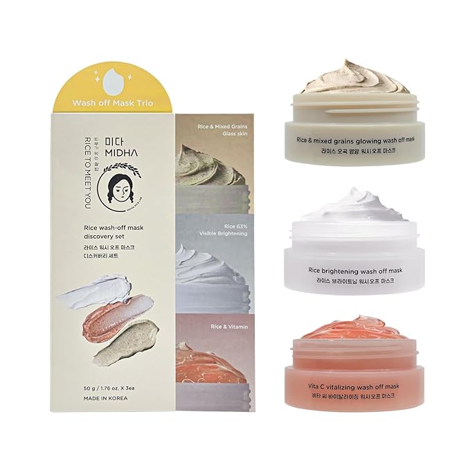 MIDHA RICE WASHOFF MASK DISCOVERY SET, 1.76oz x 3/50g, Dull Skin Care, Hydrating and Soothing, Pore Refining Treatment, Vitamin C face mask, Skincare for Travel, Mini Skincare Kit, 3-in-1 Set