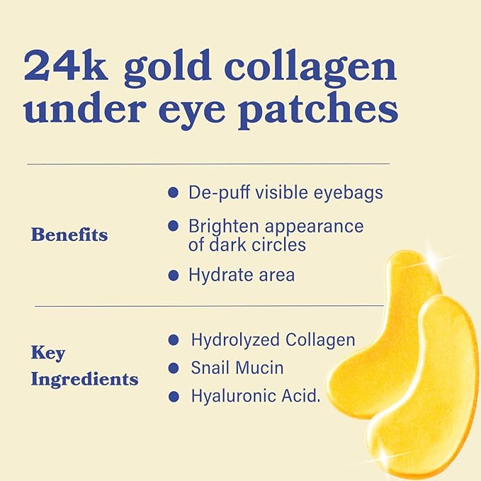 LE GUSHE Gold Under Eye Patches for Puffy Eyes and Dark Circles (30 Pairs) - Hydrating Collagen Under Eye Masks with Snail Mucin - Soothing Puffy Eyes Treatment for Women & Men - Bridesmaid Gifts