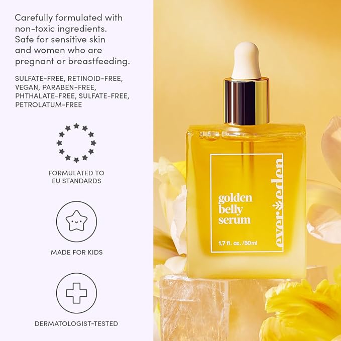 Evereden Golden Belly Serum, 1.7 fl oz. | Clean & Vegan Women's Belly Oil for Pregnancy and Postpartum | Clean Maternity Skincare | Non-Toxic Stretch Mark Oil