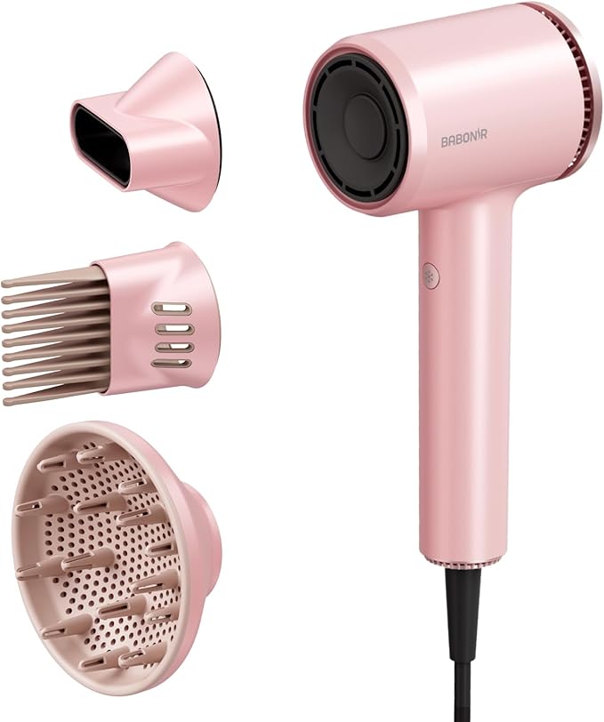 High-Speed Hair Dryer 1875W Ionic & Plasma, Blow Dryer with Diffuser & Comb Nozzle for Curly or Thick Hair, Compact 110000 RPM Fast Drying Lightweight Hair Dryer for Women with Concentrator, Pink
