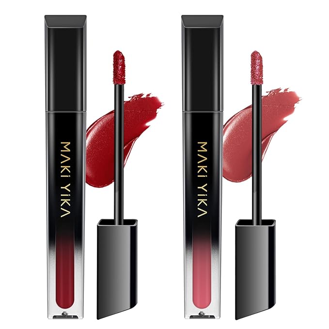 MAKI YIKA 2Pcs Matte Liquid Lipstick Set Dark Red Nude Lipstick Long Lasting Smudgeproof Transfer Proof Lip Makeup, DarkRed/Nude