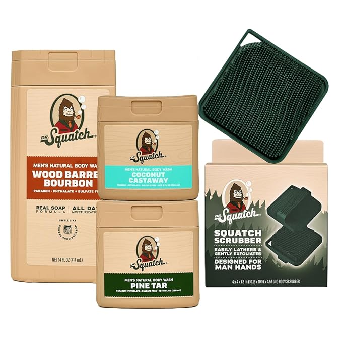 Dr. Squatch NEW Body Wash for Men with Nourishing, Natural Ingredients | No Paraben, Phthalate, Sulfate | Wood Barrel Bourbon (14 oz), Coconut Castaway & Pine Tar (8 oz, 2-Pack) & Body Scrubber