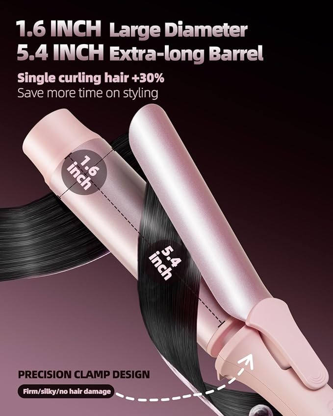 Large Hair Curling Wand, 1.6 Inch Big Barrel Curling Iron, 40 Million Ionic Ceramic Curler with 3 Temp, Auto Shut-Off, Long Barrel Curling Wand for Long Hair, Dual Voltage