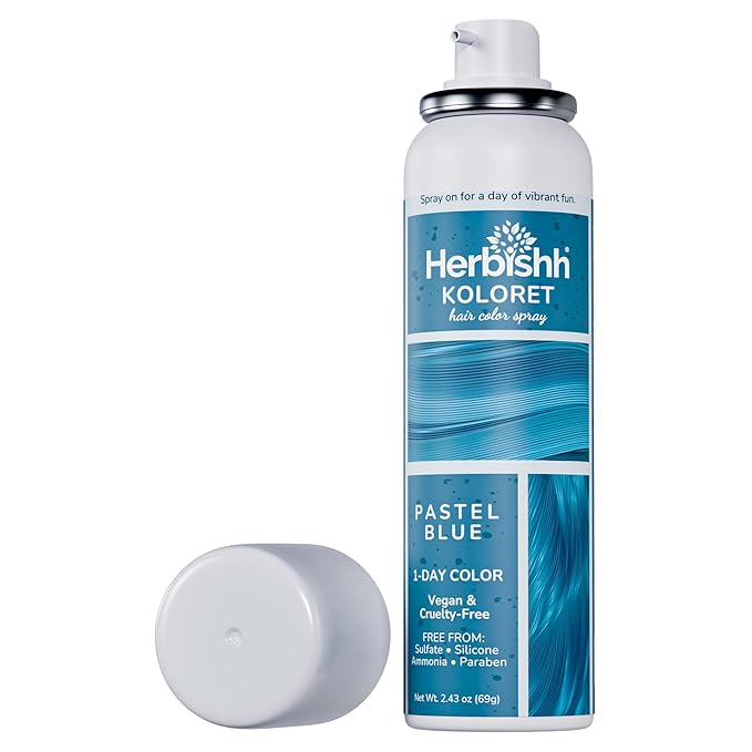 Herbishh Koloret Pastel Blue Hair Tint Spray (69g), Washable Temporary Color Mist for Light & Dark Strands, Quick-Dry, Non-Sticky, Travel-Friendly Root Touch Up for Women