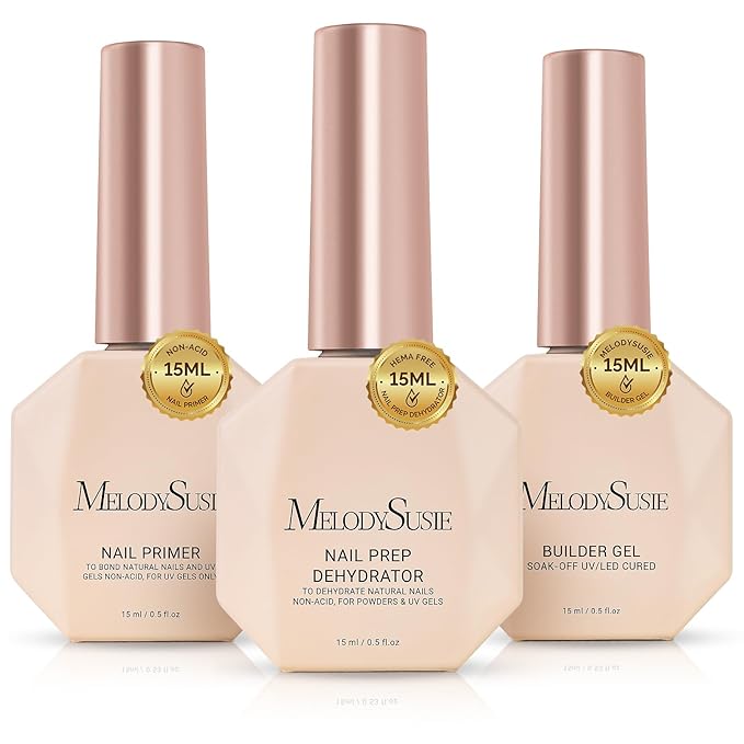 MelodySusie Builder Gel Nail Dehydrator and Primer Set Long Lasting Shine Nail Polish Art Design Manicure Kit Perfect Gifts for Women Girls 3 Pcs 15ml Clear