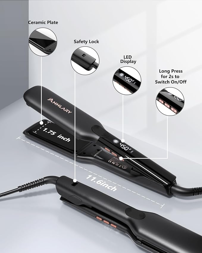 1.75 Inch Hair Straightener, Professional Titanium Plate with Ceramic Coating Ionic Dual Voltage Flat Iron with Heat-Resistant Silicone, for Less Frizz, Shinier & Smoother Hair