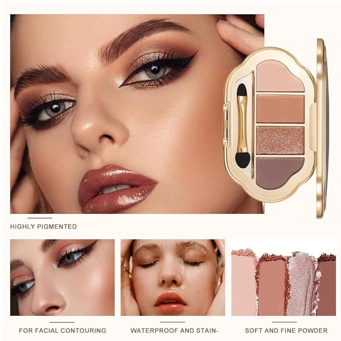 4-Color Eyeshadow Palette, Matte & Shimmer Neutrals, Highly Pigmented & Blendable, Everyday Natural Makeup, Travel-Friendly Compact, Warm Caramel Brown