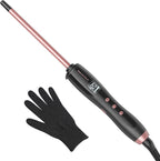 Wavytalk 3/8 Inch Small Curling Iron Wand for Short & Long Hair, Ceramic Barrel with Adjustable Temperature, Heat Resistant Glove Included (Rose Pink)