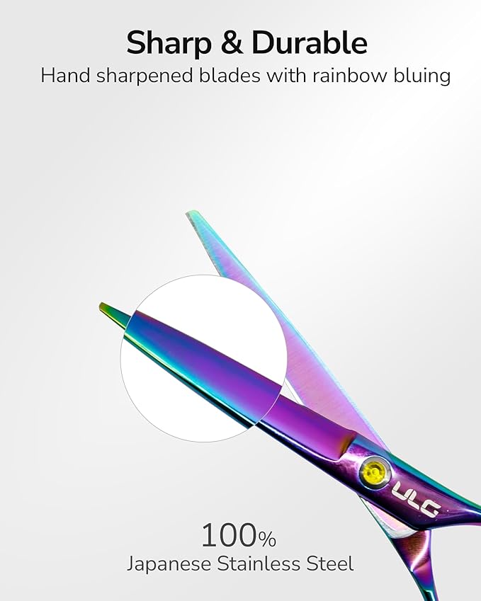 ULG Professional Hair Scissors Kit Right-Hand Razor Edge Barber Scissors Salon Hair Cutting Shears Made of Japanese Stainless Steel, Hand Sharpened 6.5 inch Rainbow