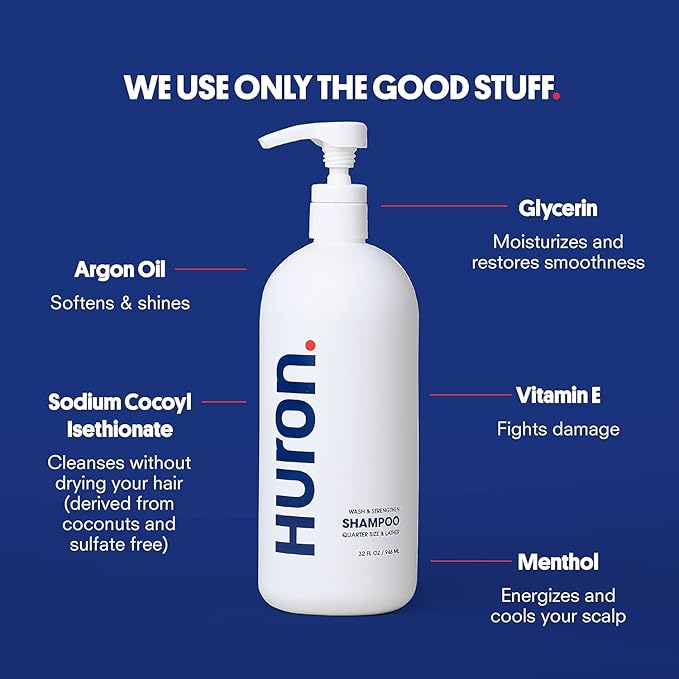 Huron Jumbo Shower Kit - Shampoo, Conditioner, & Body Wash For Men - Sea Salt + Driftwood Scent - Hydrating & Nourishing Men’s Shampoo & Conditioner (30.3 Oz Each)