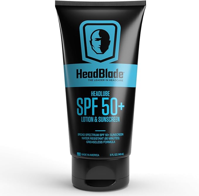 HeadBlade HeadLube SPF 50 Men's Lotion and Sunscreen - No Greasiness, Sweat Resistant, Formulated for Face, Body & Scalps - Water Resistant for 80 Minutes, 5 fl oz