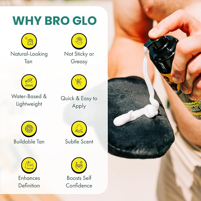 Bro Glo Self Tanner for The Boys - Quick Application Foam Mousse Easy Sunless Tan For Face and Body Oil Free Water Based Faster Skin Drying Natural Sun Kissed Bronze Color Perfect Men - 6.76 FL oz