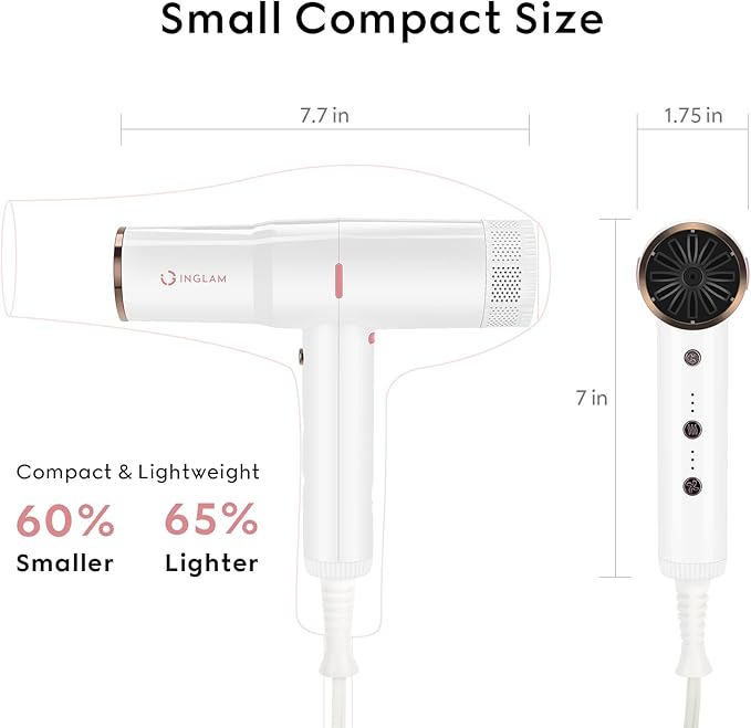 Hair Blow Dryer with Diffuser, IG INGLAM Professional High Speed Brushless Motor Negative Ion Low Noise Constant Temperature, 3 Heat Settings 3 Speeds and Cool Shot Brutton Powerful Ionic Hair Dryer