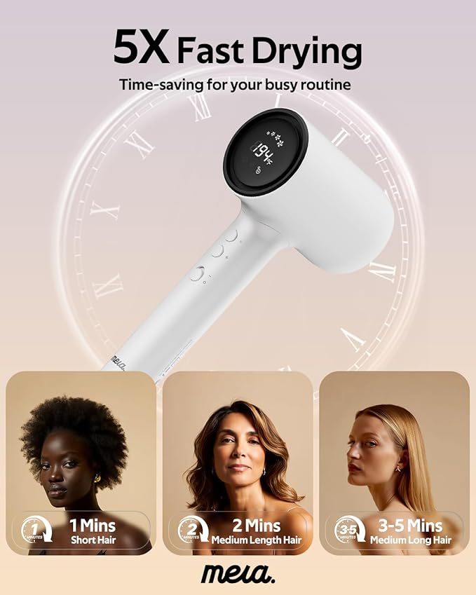 Professional Hair Dryer with Diffuser (Mera ProMax Ionic-X) - Fast Drying, Anti-Static Blowdryer Full Tool Set for Women & Stylists, 1-Button Cooling Mode, cUL Certified, Self-Cleaning, LED Screen