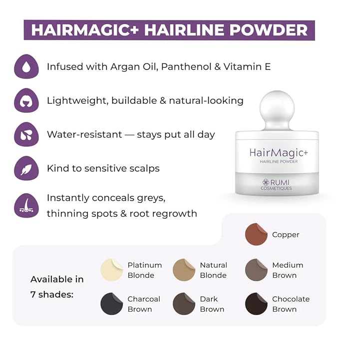 Rumi Cosmetiques HairMagic+ Root Touch Up Powder – Instant Gray Hair Coverage & Hairline Filler – Water-Resistant, Natural Finish, Nourishing Formula with Argan Oil & Vitamin E (Copper)